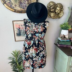 One Clothing Black Colorful Floral Rose Knit Cap Sleeve Short Dress Sz S Stretch